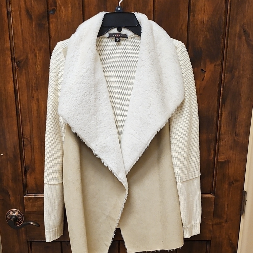 Cream and Tan Open Front Cardigan